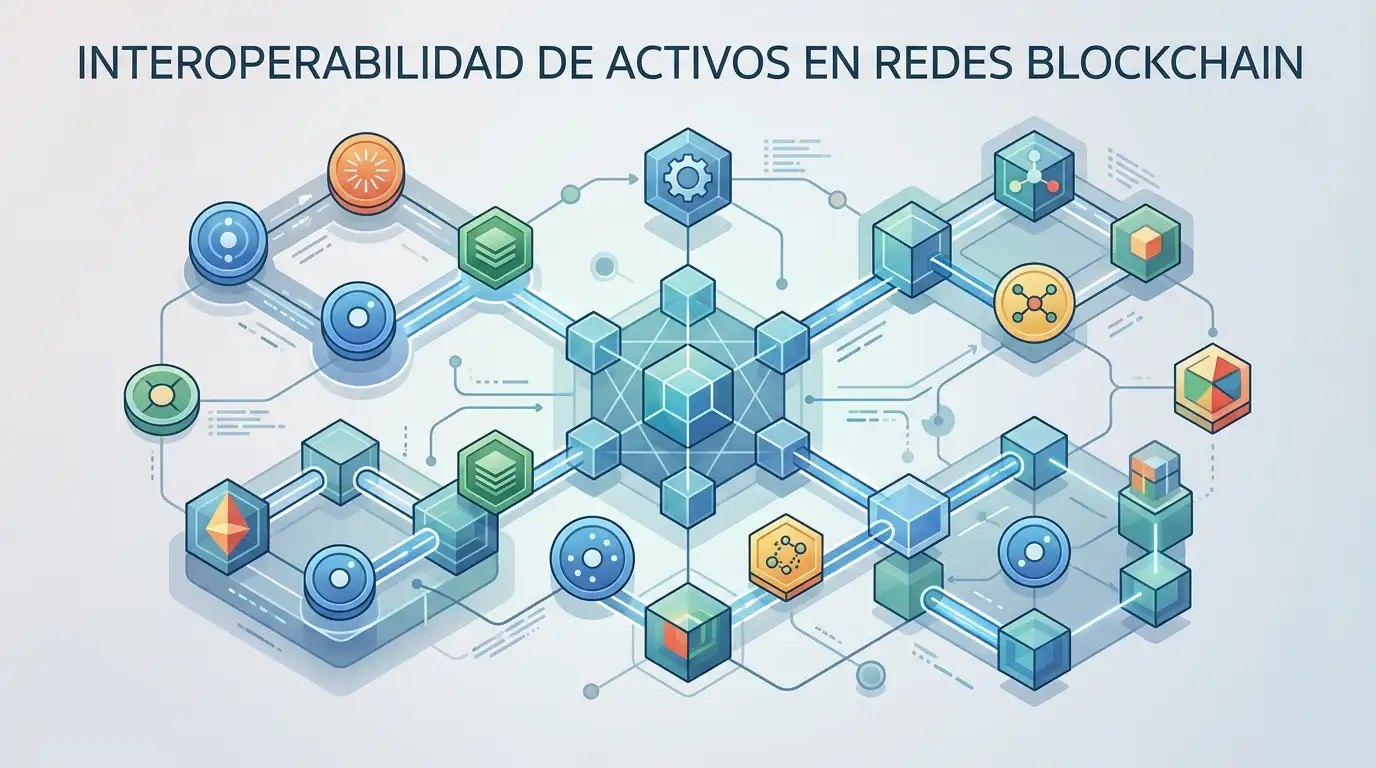 Ilustración editorial de una matriz abstracta de criptoactivos conectados con distintas redes blockchain
