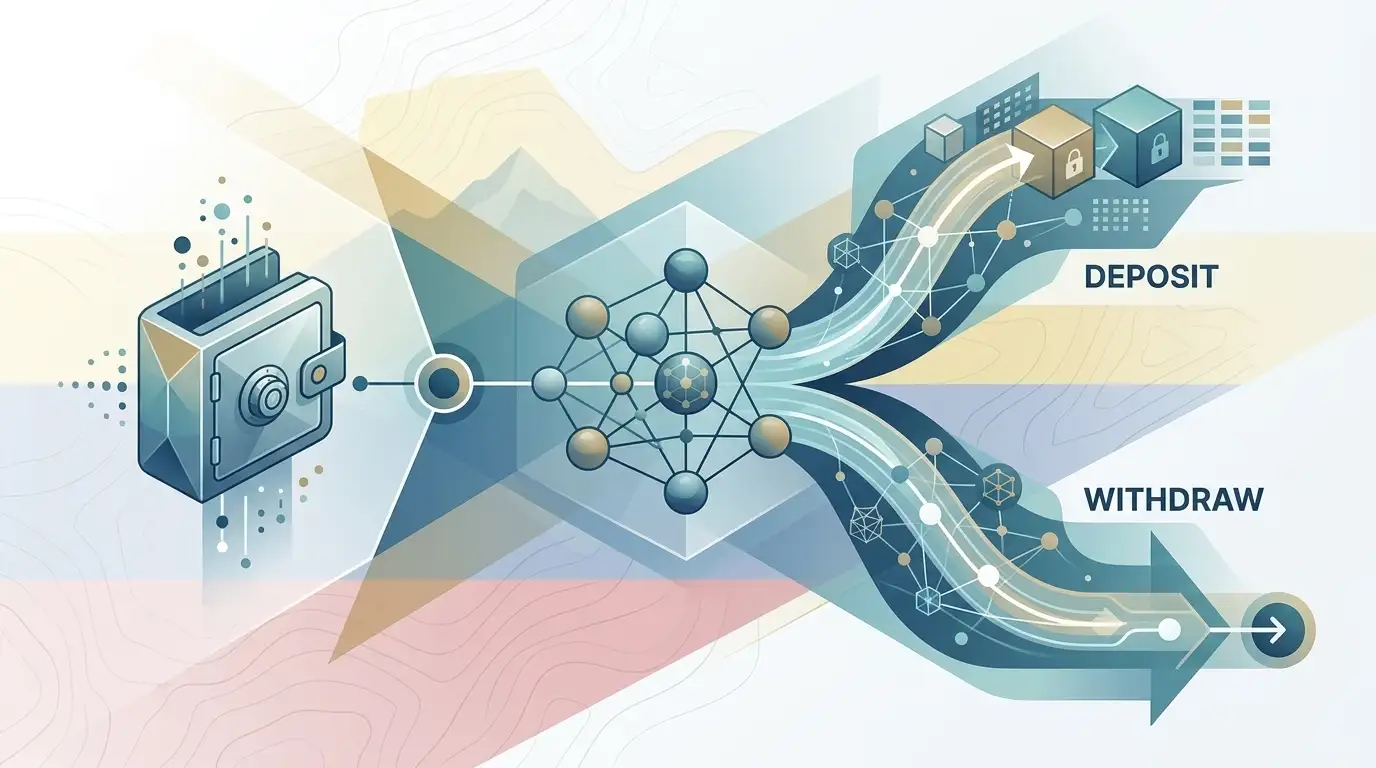 Ilustración editorial de un flujo de pagos cripto con selección de activo y red
