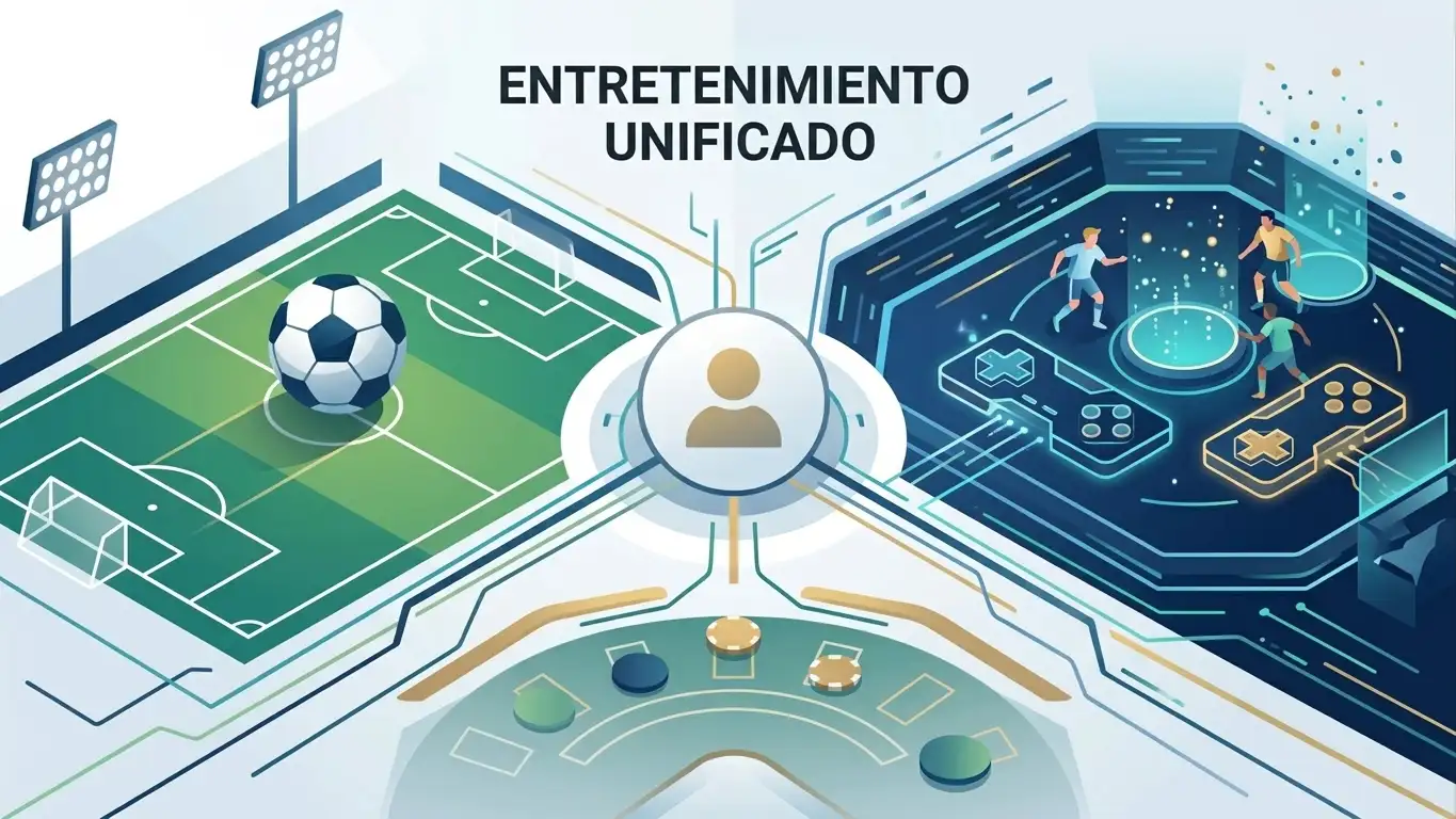 Ilustración editorial de deportes, esports y casino conectados en un mismo ecosistema digital