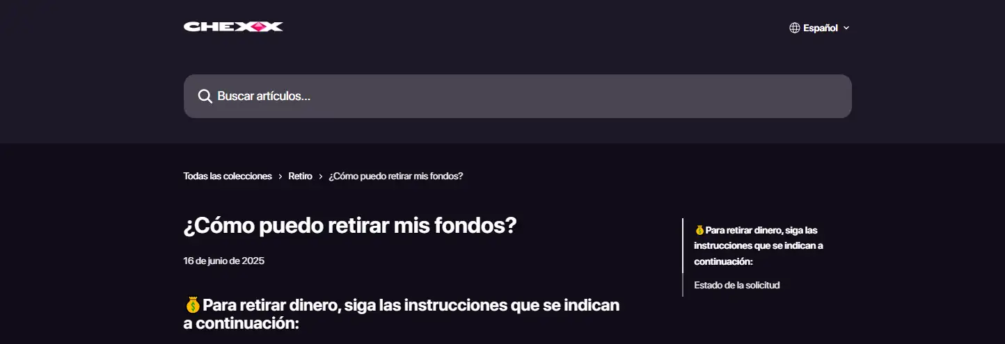 Centro de ayuda de CHEXX con las instrucciones para retirar fondos