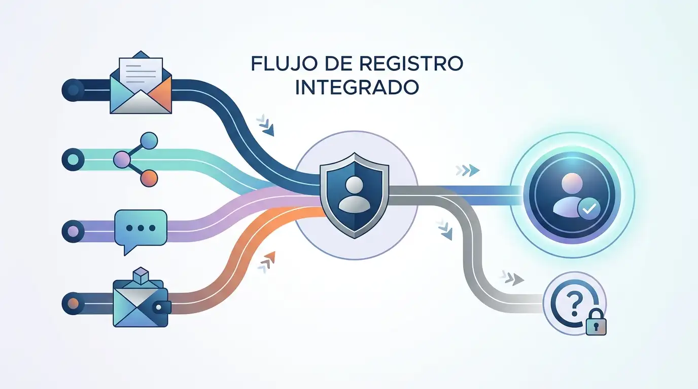 Ilustración conceptual de cuatro rutas de registro que convergen en una cuenta y una posible etapa de verificación
