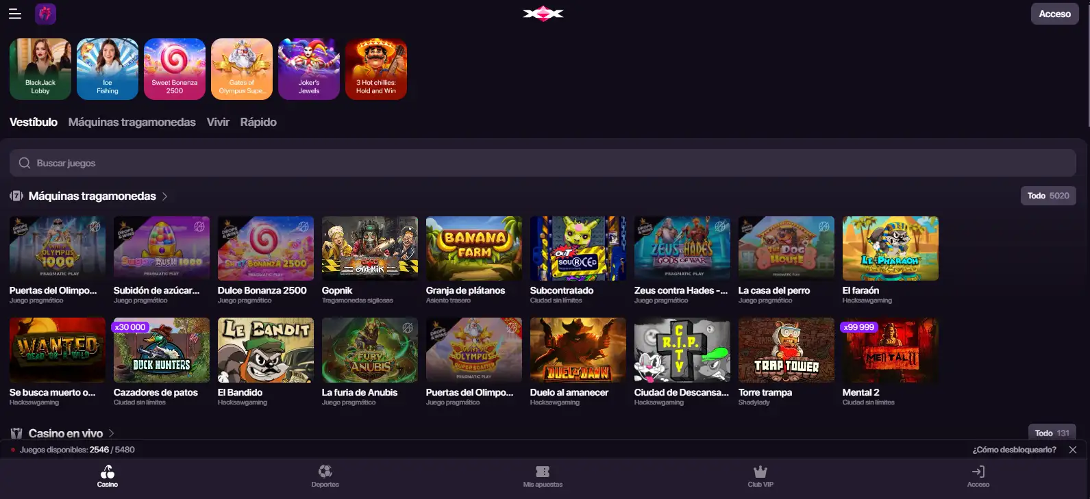 Catálogo de juegos de CHEXX con sus categorías principales