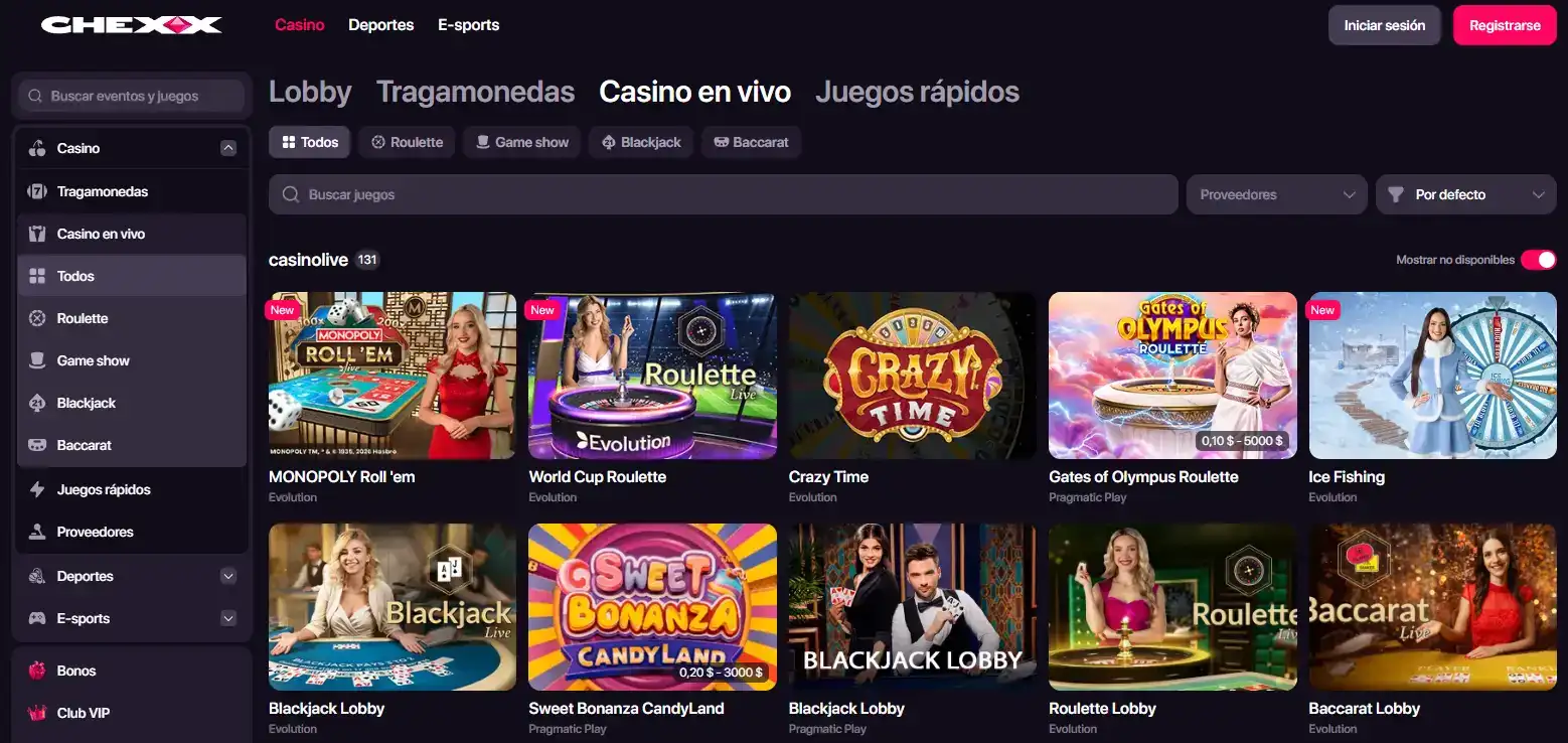 Sección real de Live Casino de CHEXX con mesas y juegos visibles