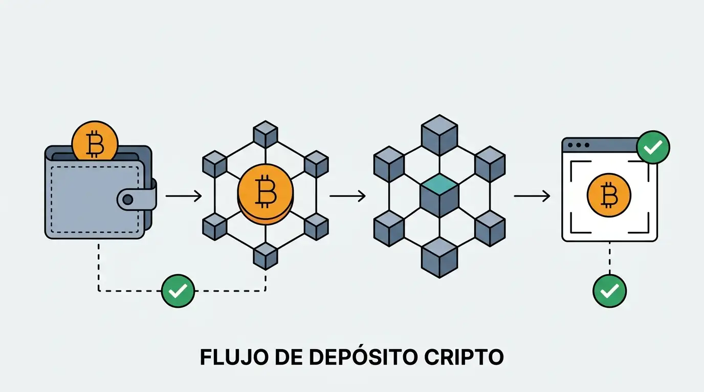 Ilustración editorial del proceso de depósito cripto con verificación de activo, red y dirección