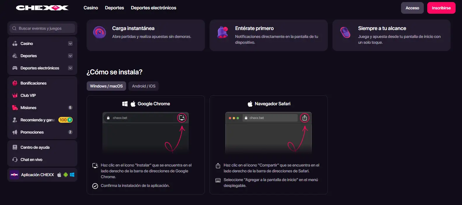 Página oficial de instalación de la PWA de CHEXX
