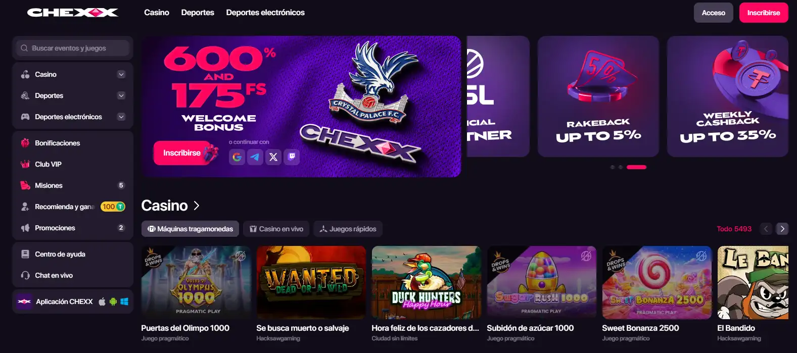 Interfaz de CHEXX con navegación de casino y deportes